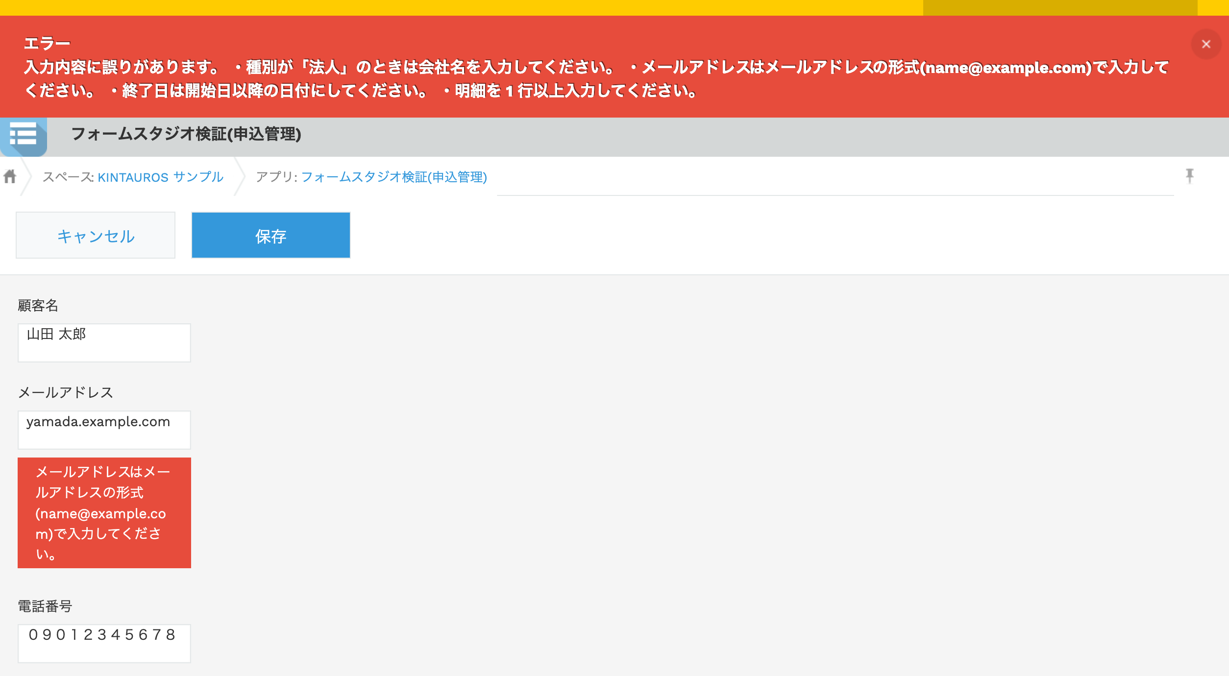 フォームスタジオ（入力規則）を適用したレコード追加画面。メールアドレスの形式エラーと、法人なのに会社名が空というエラーがフィールドの脇と画面上部に表示され、保存が止まっている