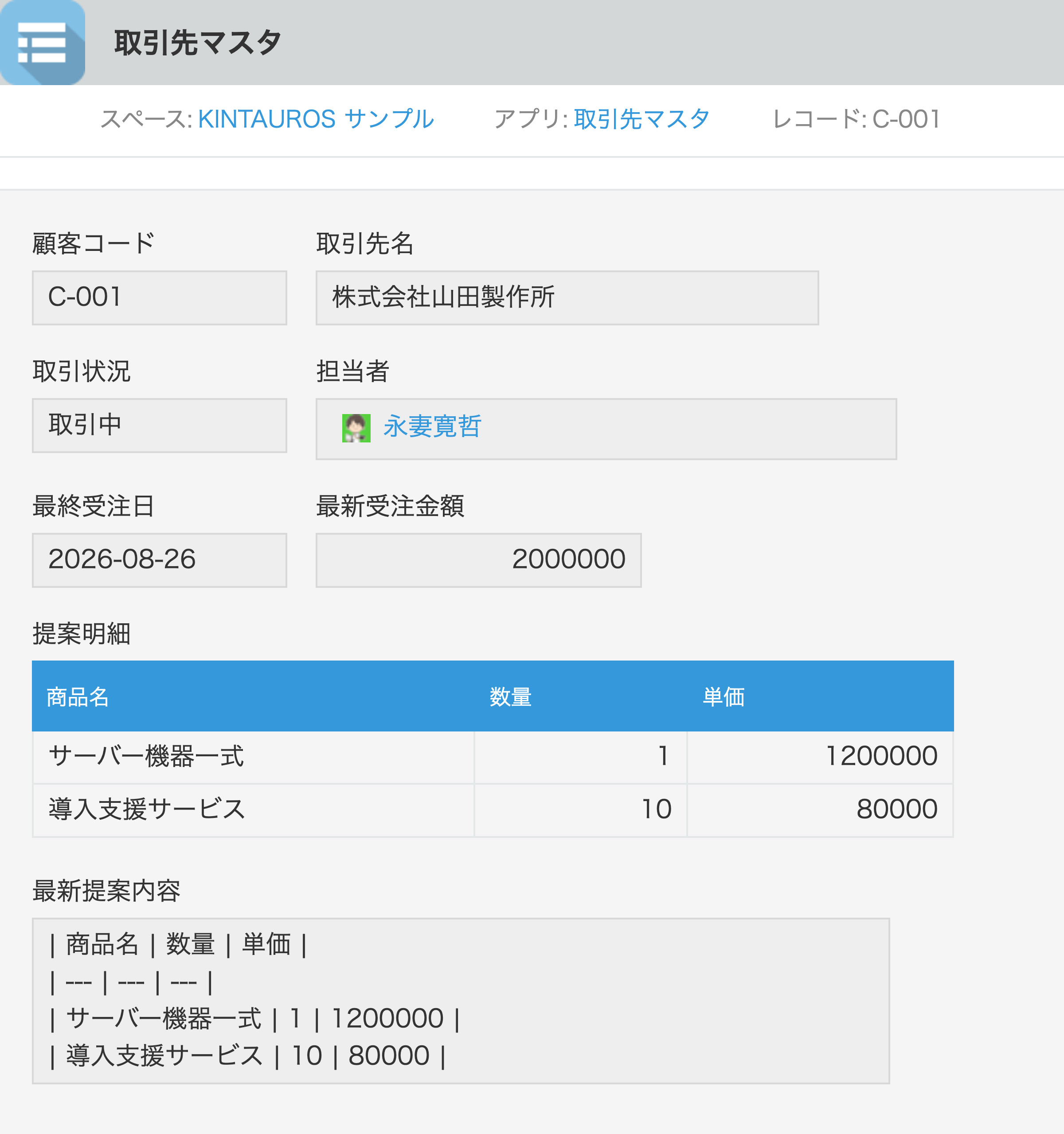 取引先マスタのレコード詳細画面。取引状況が取引中、最終受注日が今日の日付、担当者がログインユーザーに自動更新され、提案明細テーブルとMarkdown表の最新提案内容が転記されている
