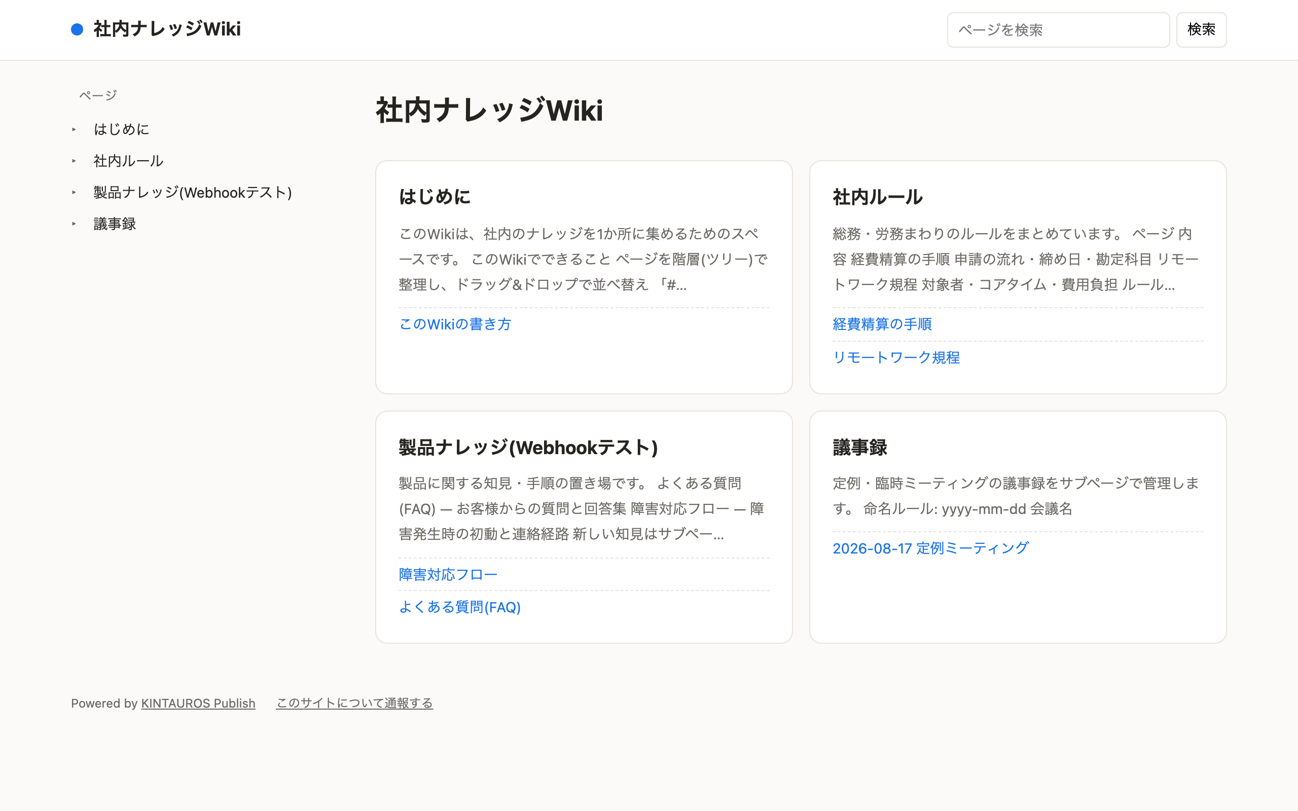 KINTAUROS Publishで公開した社内ナレッジWikiのトップページ。左にページツリー、右に「はじめに」「社内ルール」「製品ナレッジ」「議事録」の4枚のカードが並び、各カードに本文の抜粋とサブページへのリンクが表示されている。フッターに「Powered by KINTAUROS Publish」と表示されている